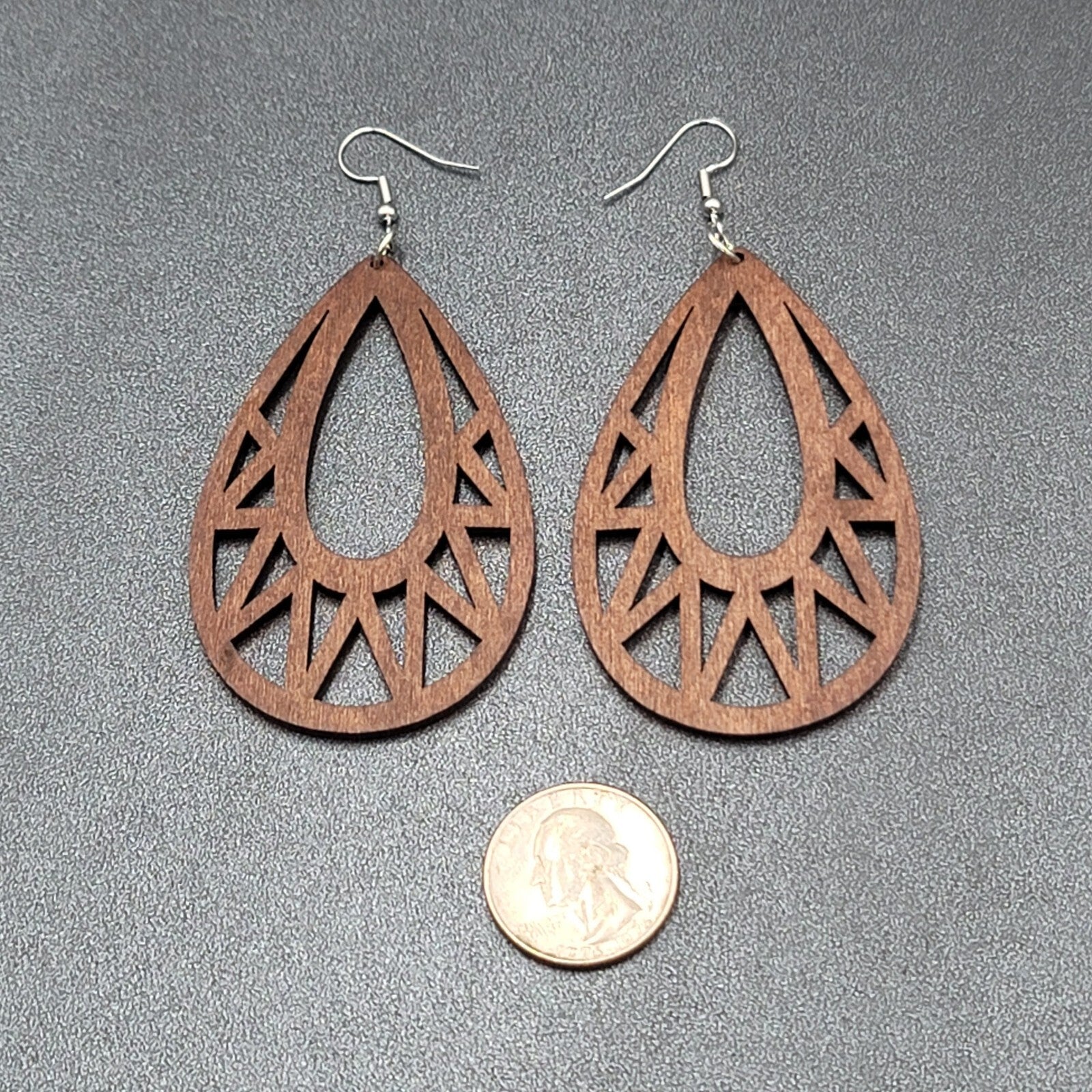 Boho Wood Pierced Earrings Laser Cut Open Teardrop 2.5"