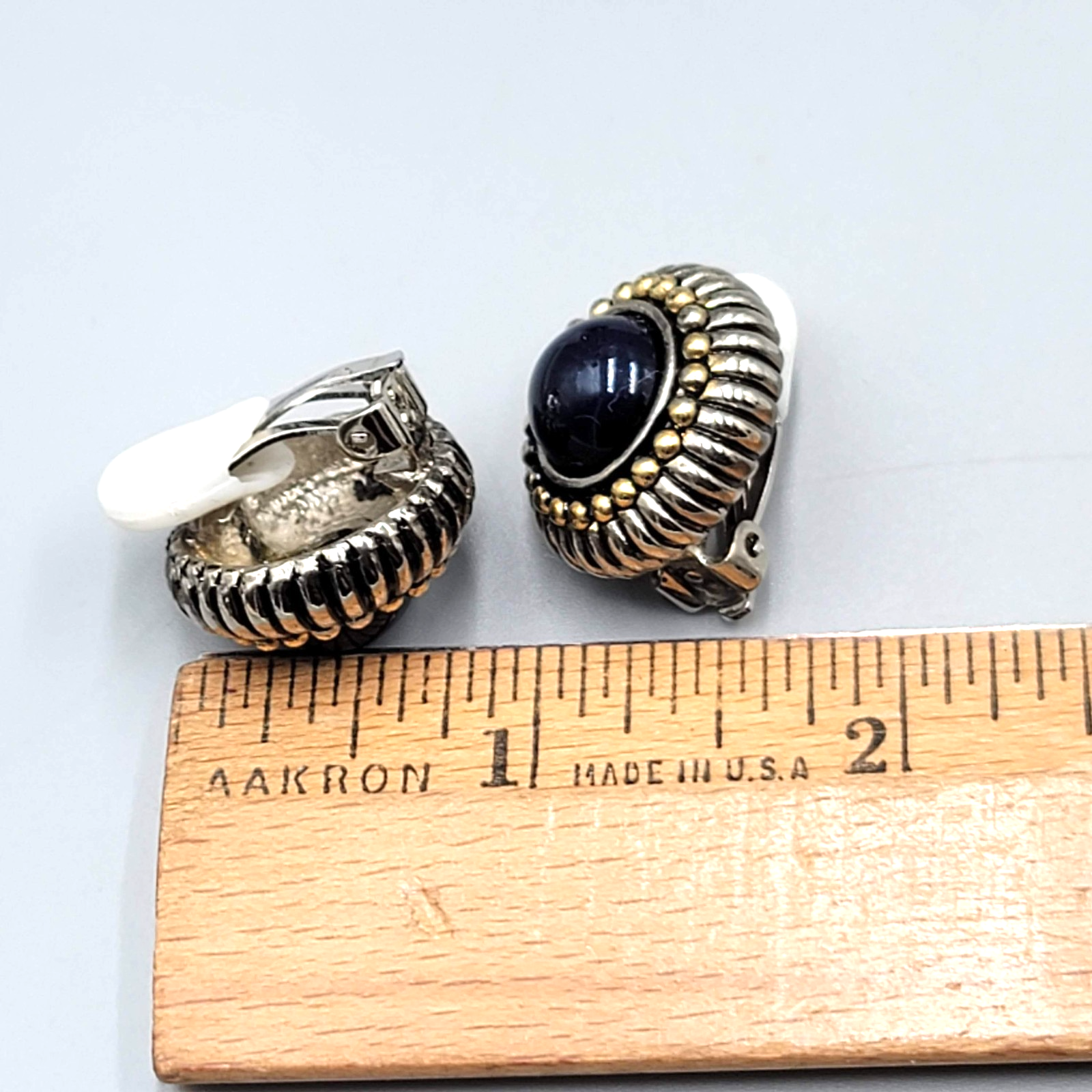 Vintage Navy Blue Cabochon Clip on Earrings Silver & Gold Plated 7/8 in