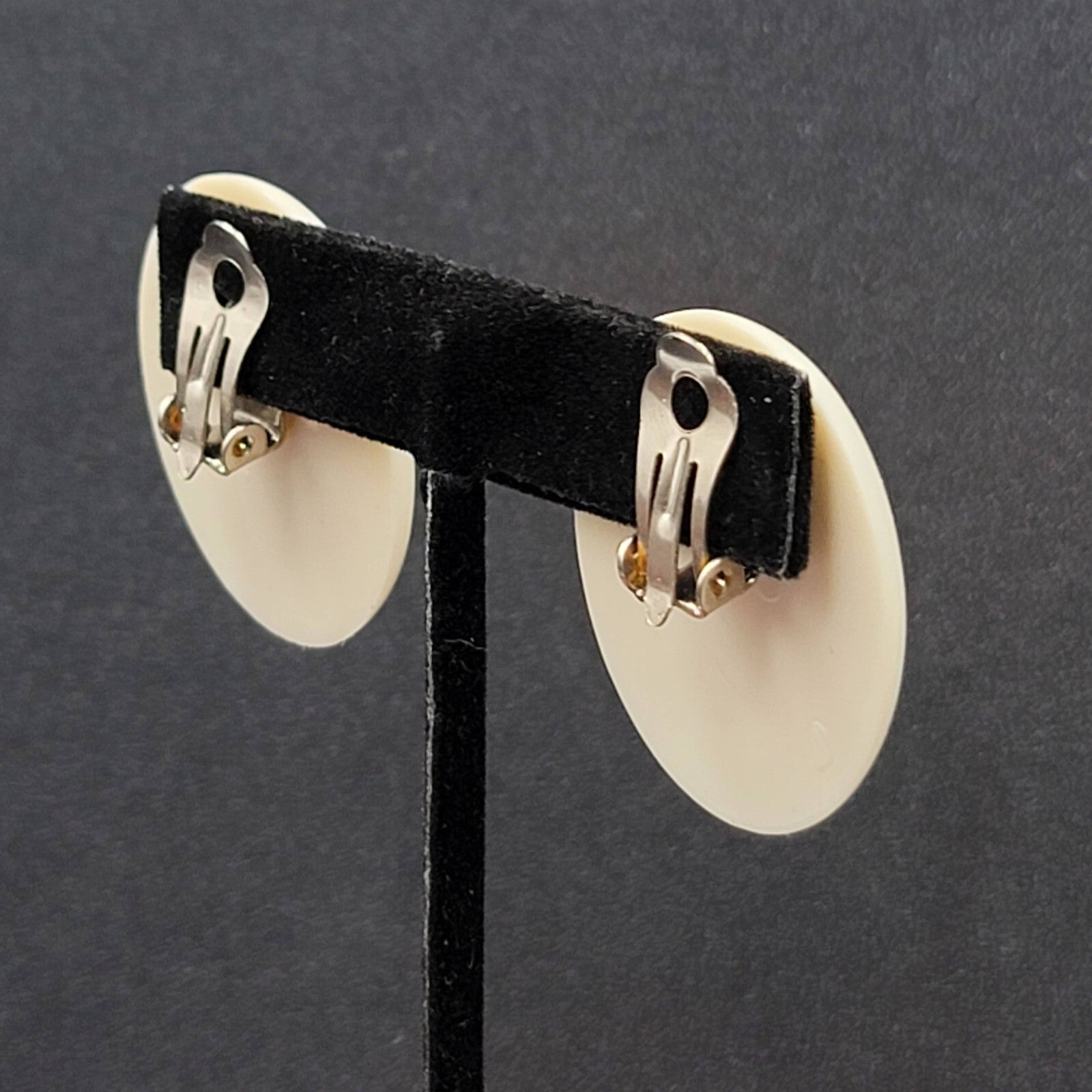 Vintage Clip on Earrings Plastic White Orange Oval Drop  1 3/8"