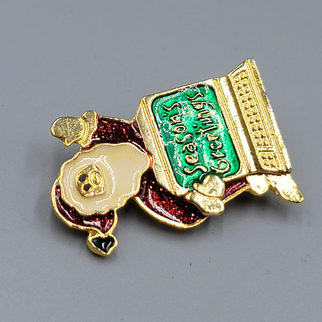 Vintage Christmas Brooch Santa at the Computer Gold tone Enamel 1 5/8"
