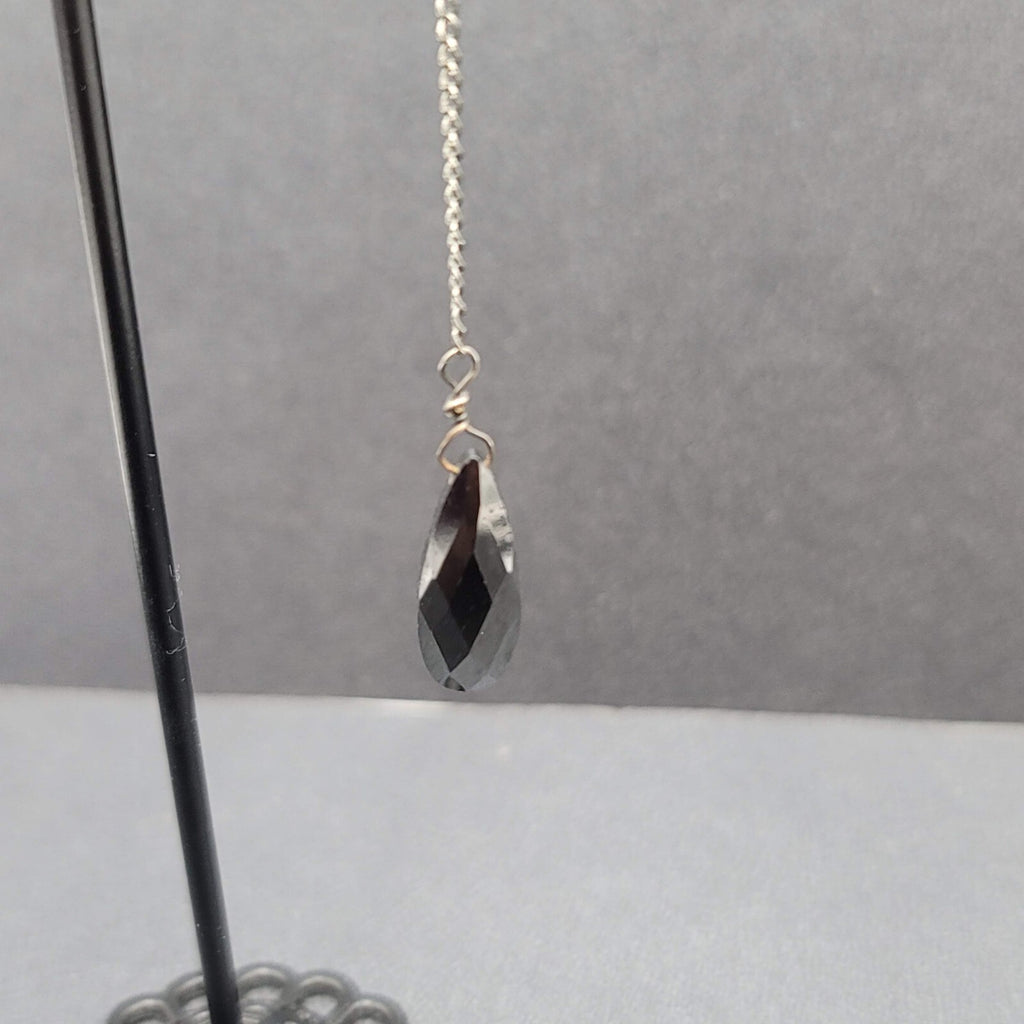 Pierced Earrings Gun Metal Black Glass Faceted Teardrop Bead Dangle Chain 2.5"