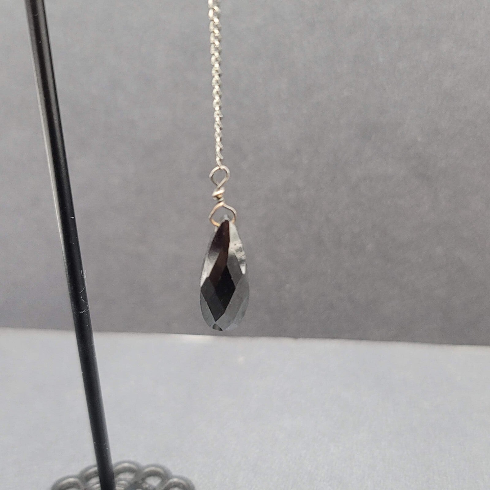 Pierced Earrings Gun Metal Black Glass Faceted Teardrop Bead Dangle Chain 2.5"