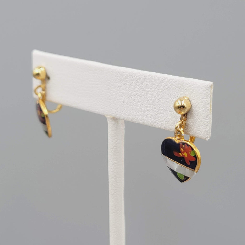 Vintage Blue Heart Dangle Clip on Earrings Gold tone Flower 1/2"