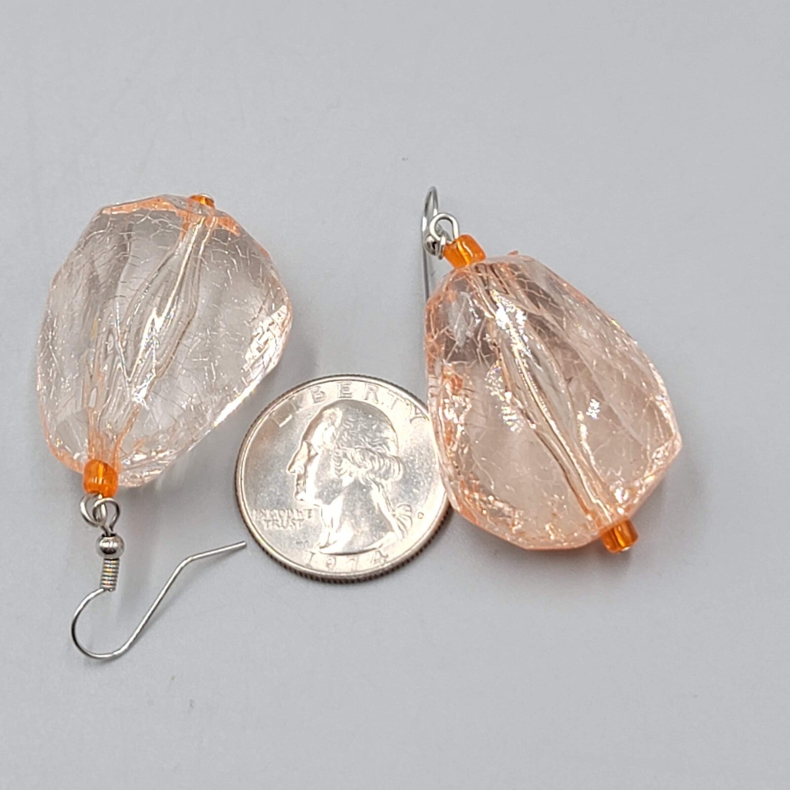 Peach Crackle Large Statement Bead Pierced Earrings Silver tone Dangle 1.5"