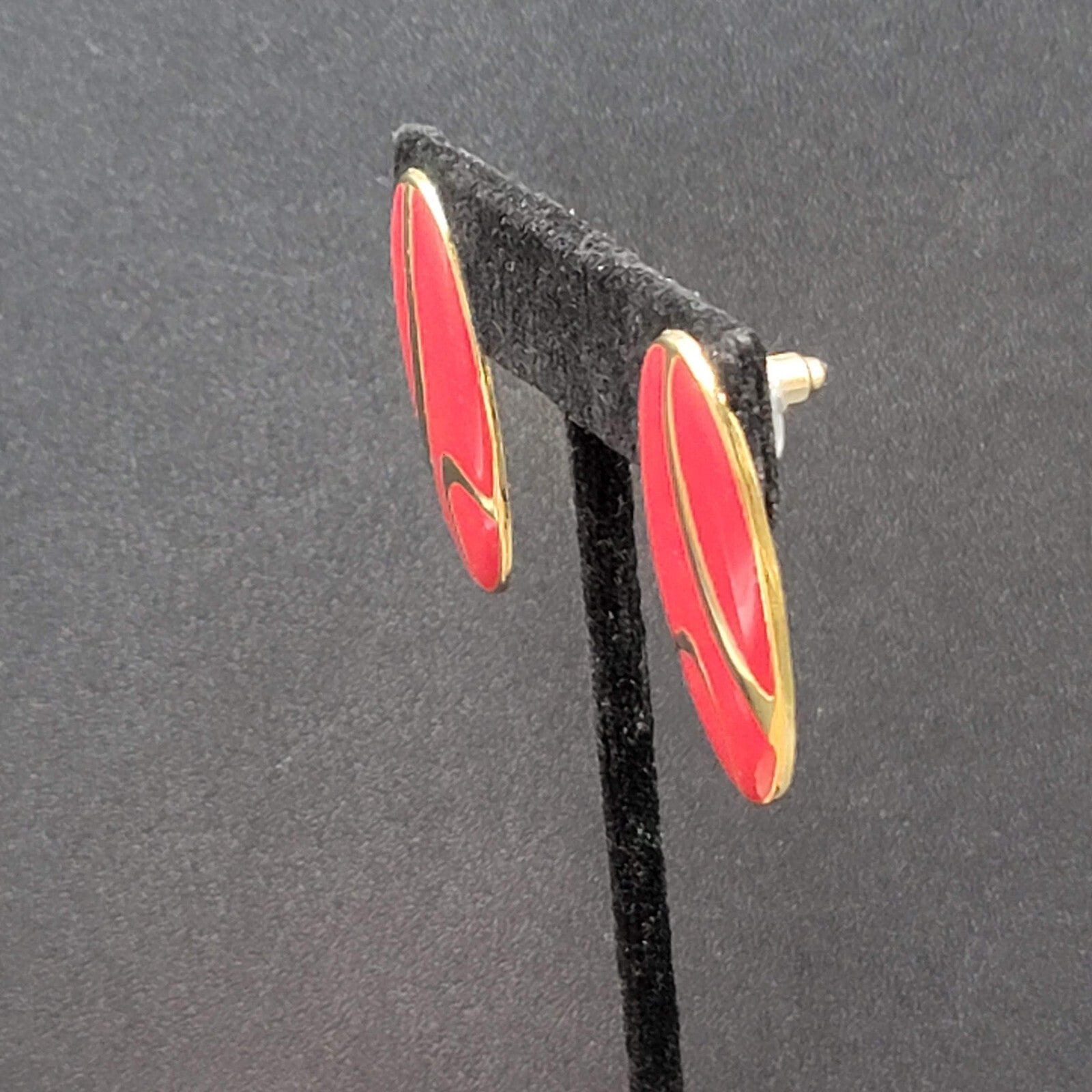 Vintage Pierced Earrings Gold tone Red Enamel Oval Drop 1.25"