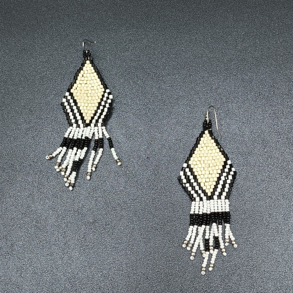 Pierced Earrings Black White Weaved Beads Silver tone Dangle 3.25"