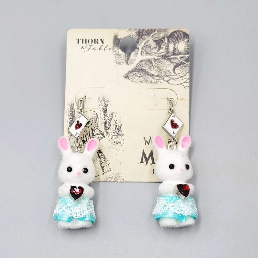 Thorn & Fable Pierced Earrings Alice in Wonderland Bunny Dangle NWT 2"