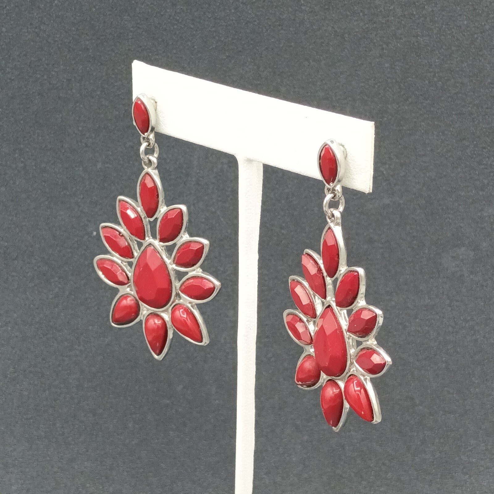 Pierced Earrings Silver tone Red Accent Chandelier Dangle 2.25"