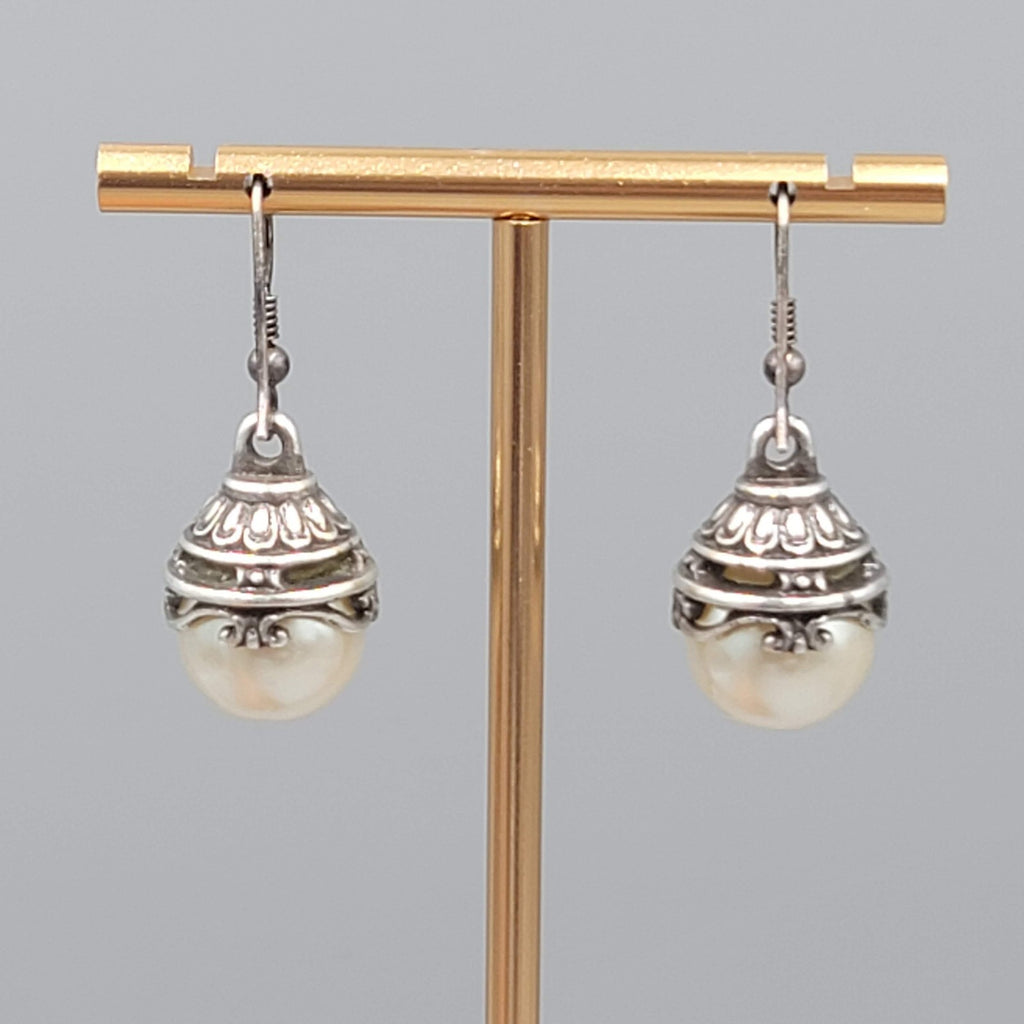 Oxidized Silver tone Faux Pearl Pierced Earrings Dangle 7/8"
