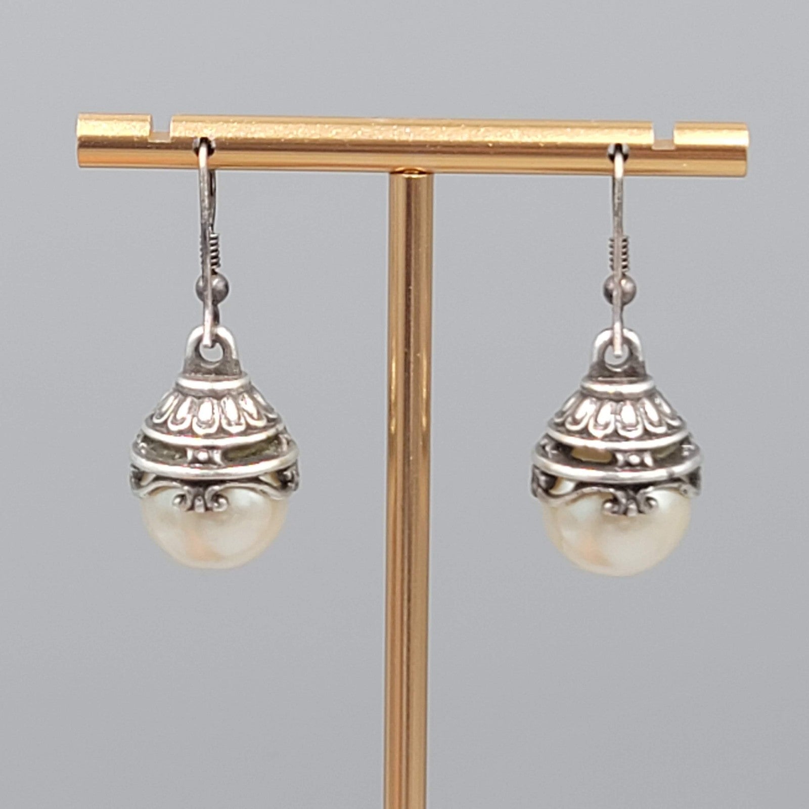 Oxidized Silver tone Faux Pearl Pierced Earrings Dangle 7/8"