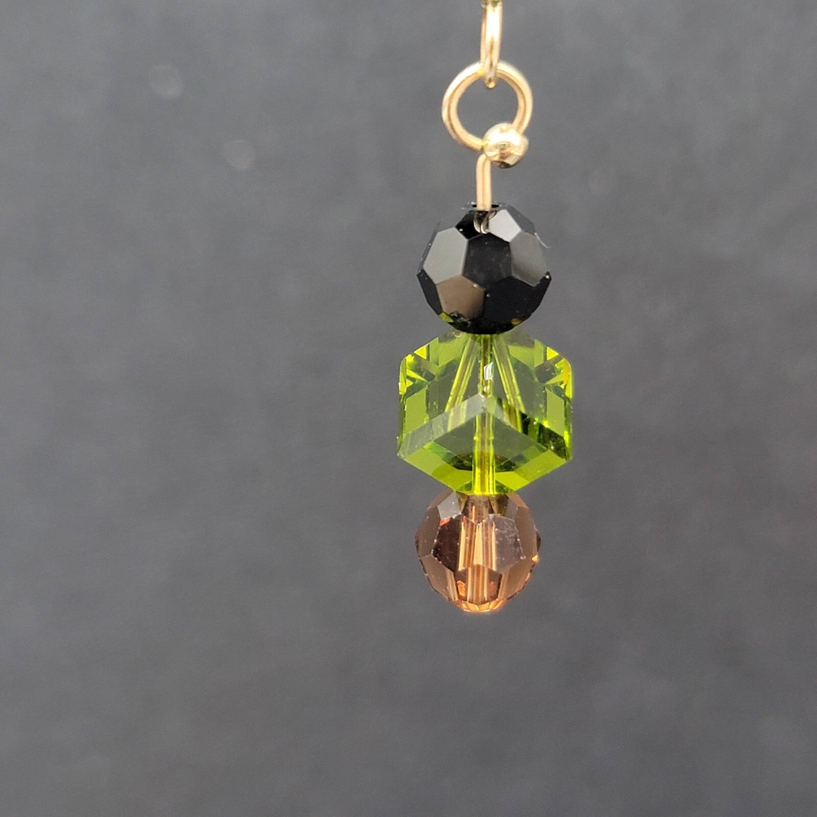 Pierced Earrings Gold tone Black Green Brown Crystal Bead Dangle 1"