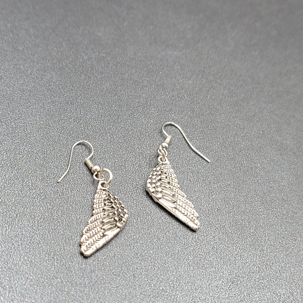 Pierced Earrings Silver tone Detailed Wings Dangle 1 1/8"