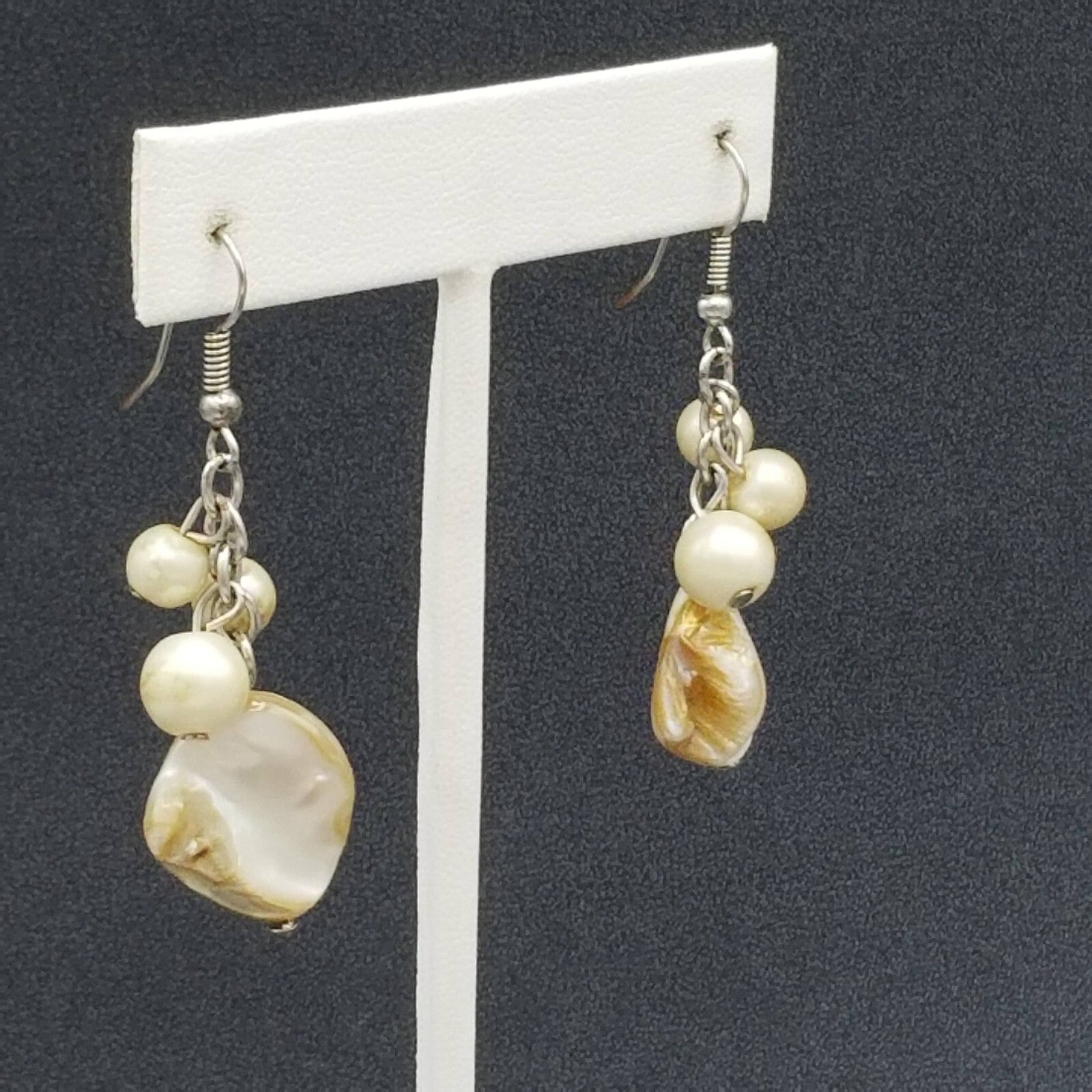 Pierced Earrings Silver tone White Shell Bead Dangle Beach Theme 1.5"