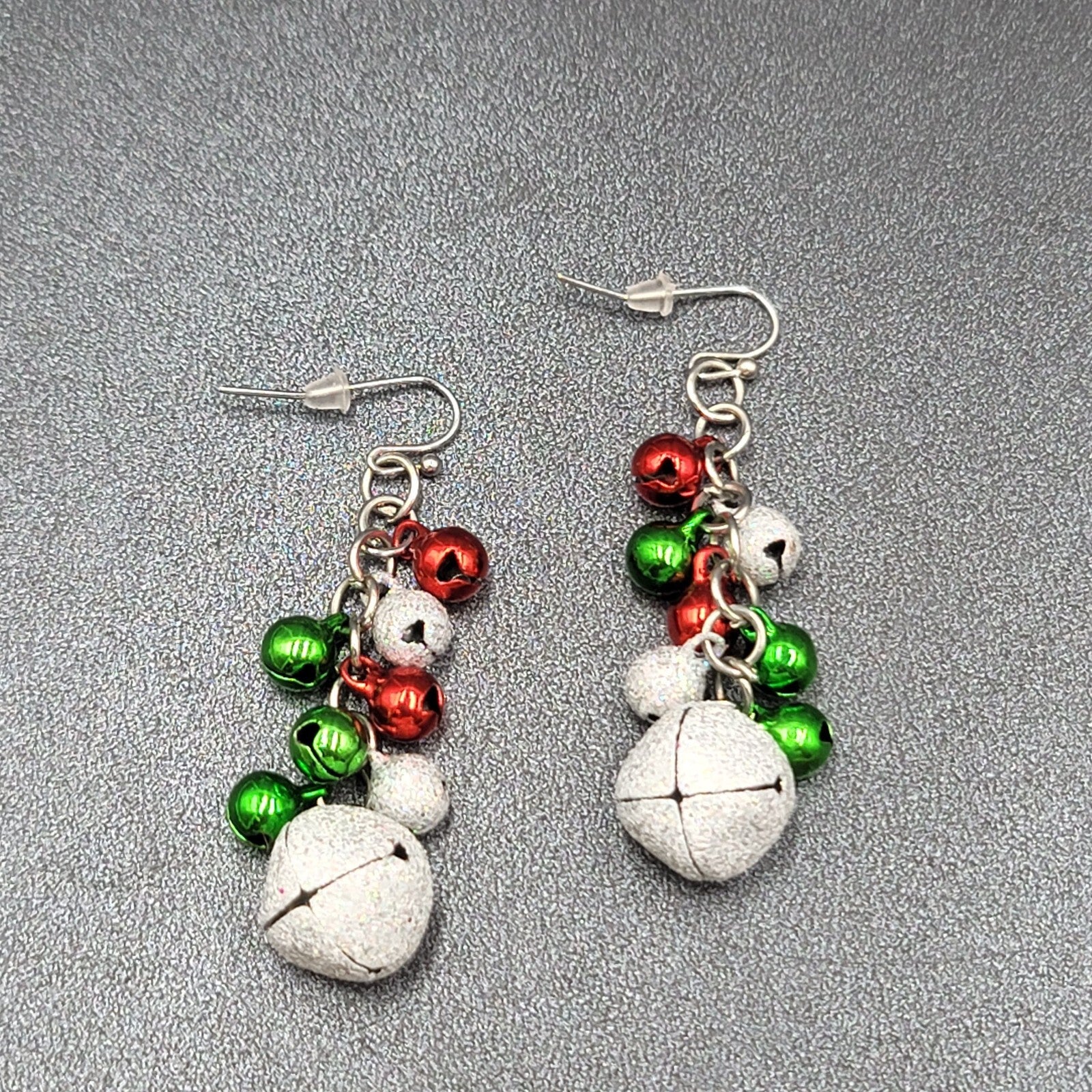 Christmas Pierced Earrings Green Red Silver Glitter Bells Dangle 2"