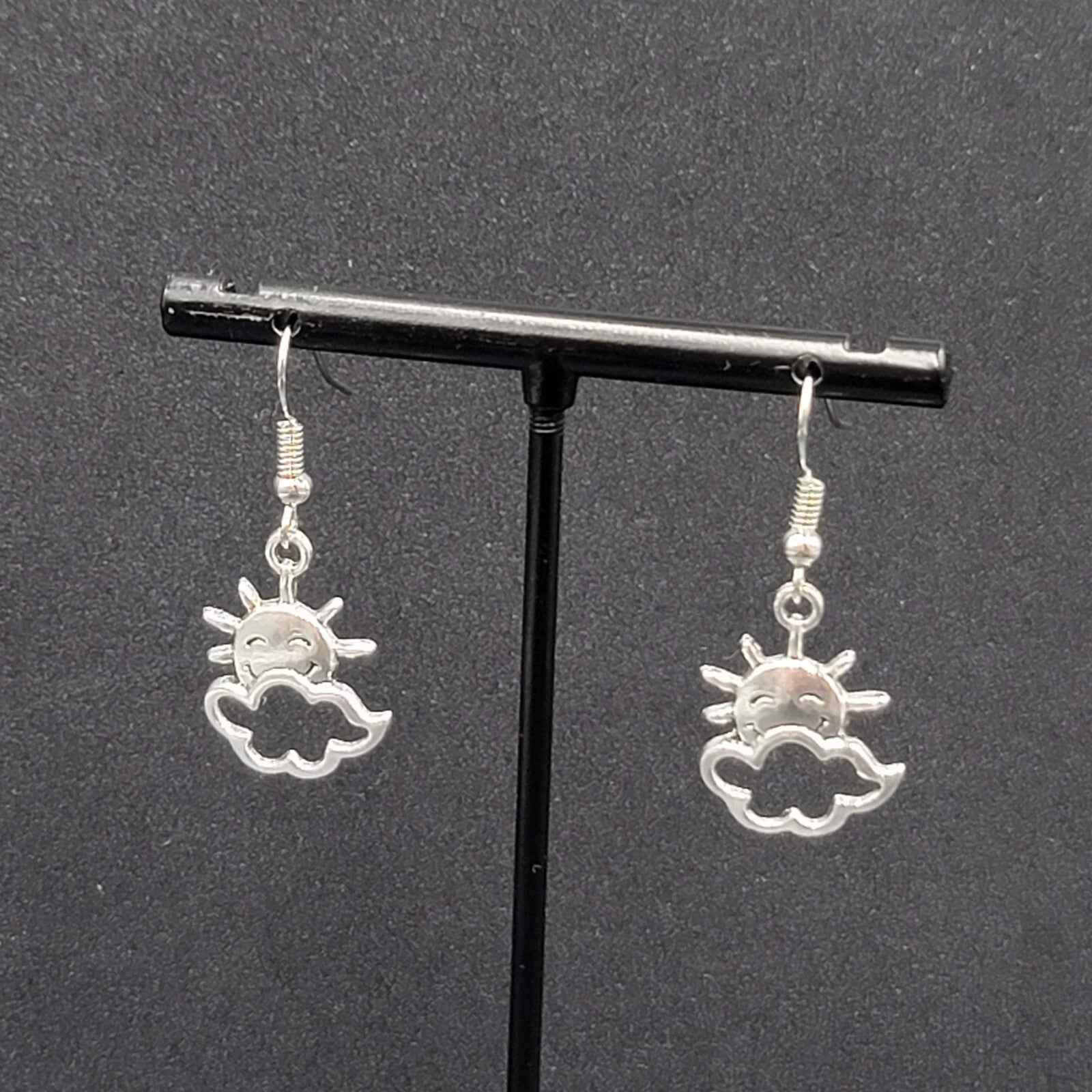 New Happy Sun Clouds Pierced Earrings Silver tone Dangle 3/4"