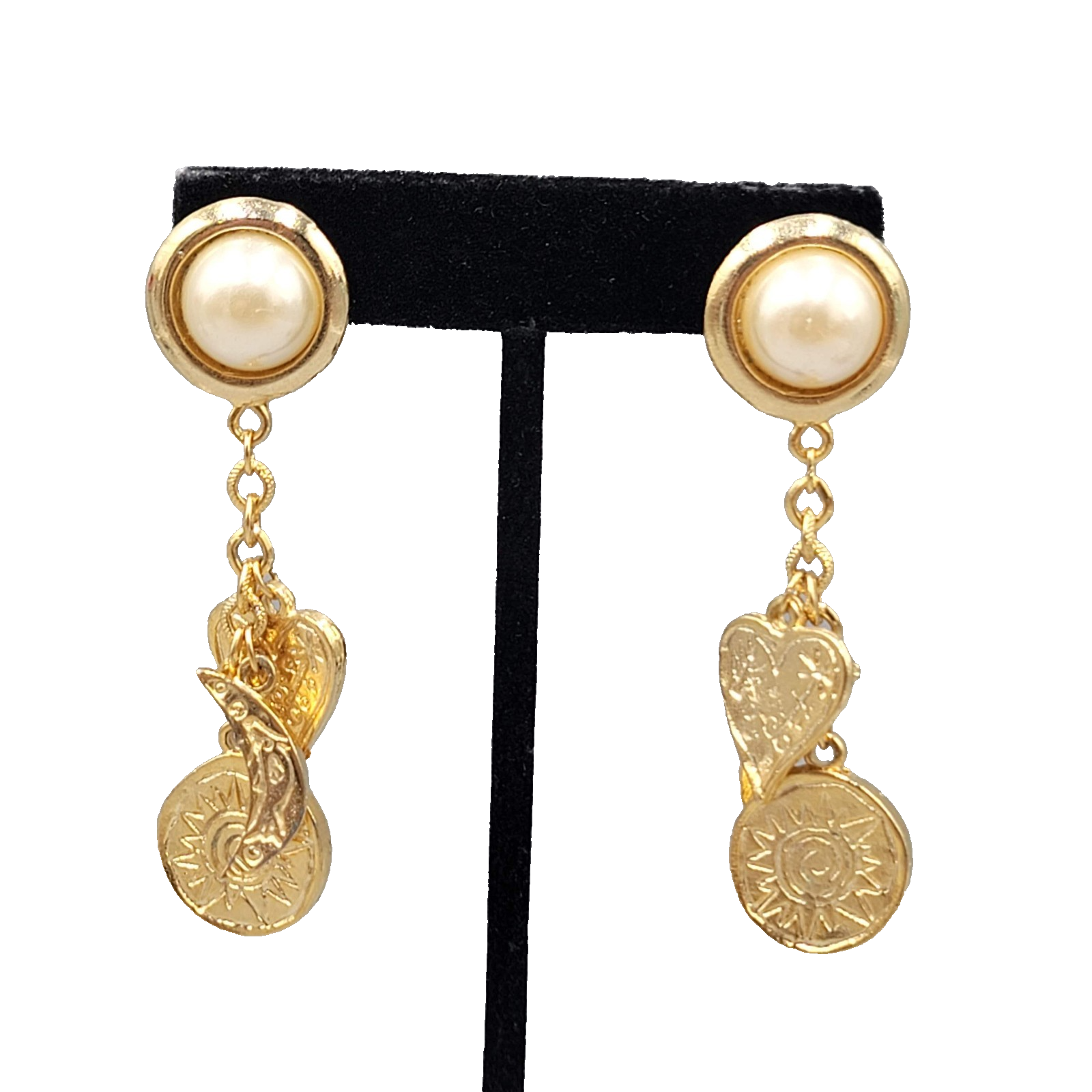 Vintage Heart Moon Sun Pierced Earrings Gold tone Dangle 2.5 in