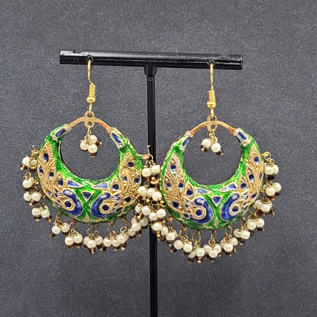 Pierced Earrings Ethnic Gold tone Red Green Beaded 1.75"
