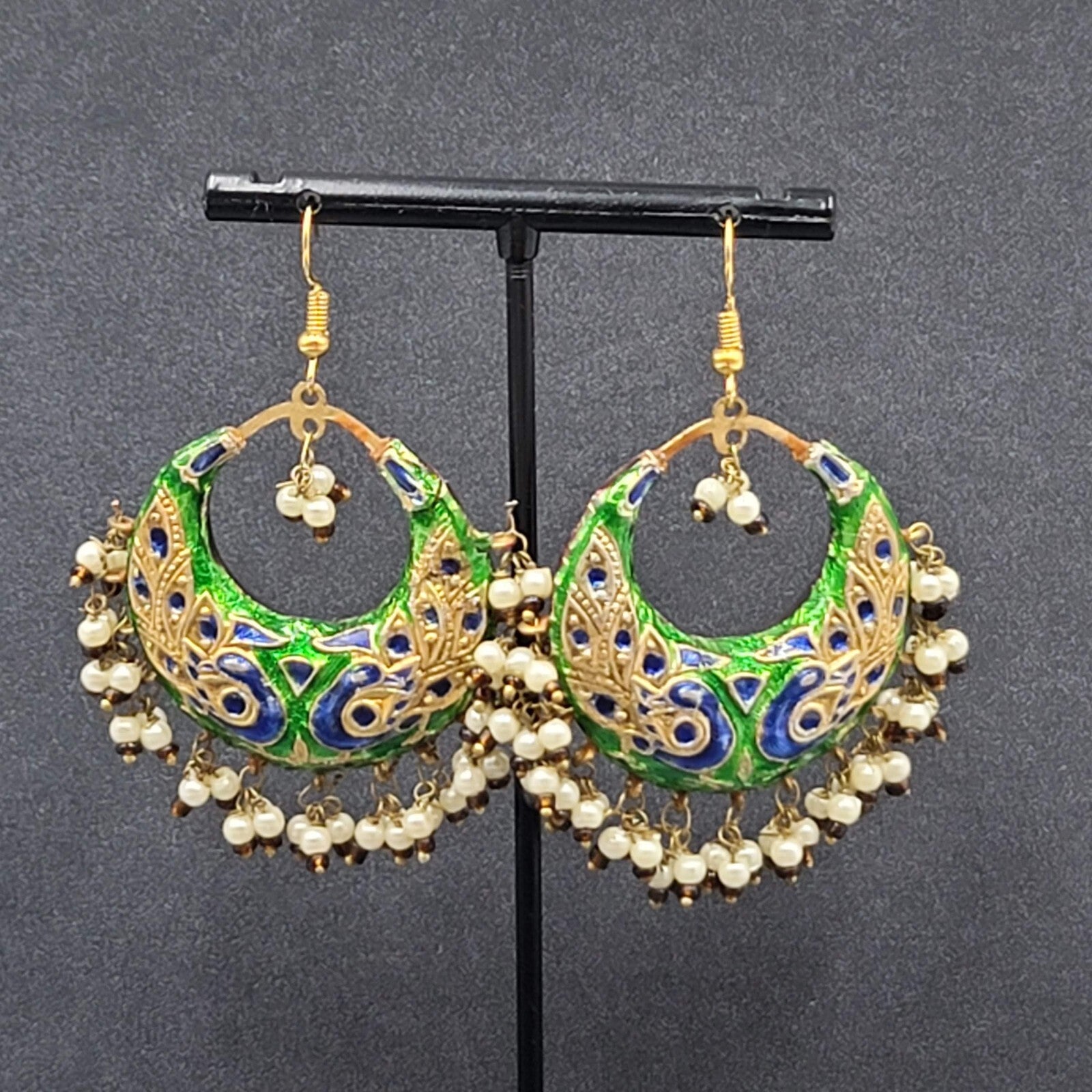 Pierced Earrings Ethnic Gold tone Red Green Beaded 1.75"