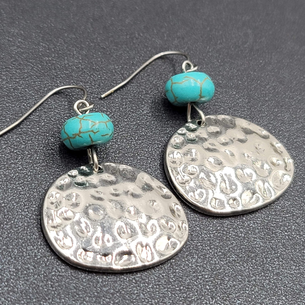 Pierced Earrings Hammered Silver tone Blue Howlite Stone Dangle  1.25"