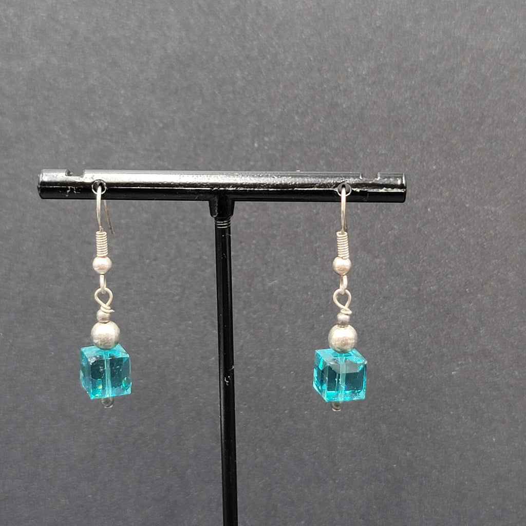 Pierced Earrings Silver tone Square Blue Crystal Bead Dangle 7/8"