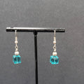 Pierced Earrings Silver tone Square Blue Crystal Bead Dangle 7/8"