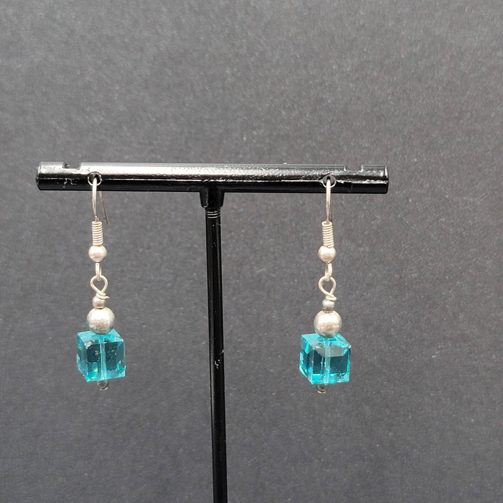 Pierced Earrings Silver tone Square Blue Crystal Bead Dangle 7/8"