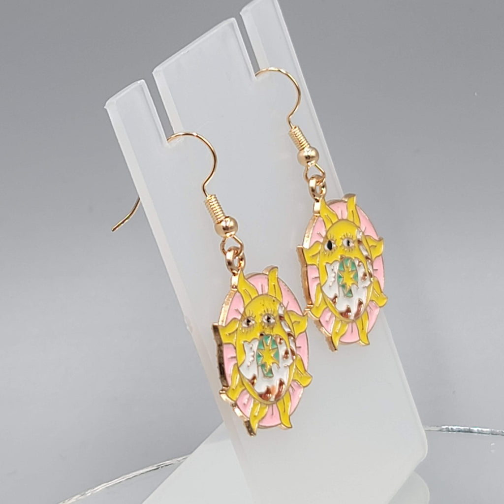 Kitty Cat in the Sun Enamel Pierced Earrings Gold tone Dangle 1 1/8"