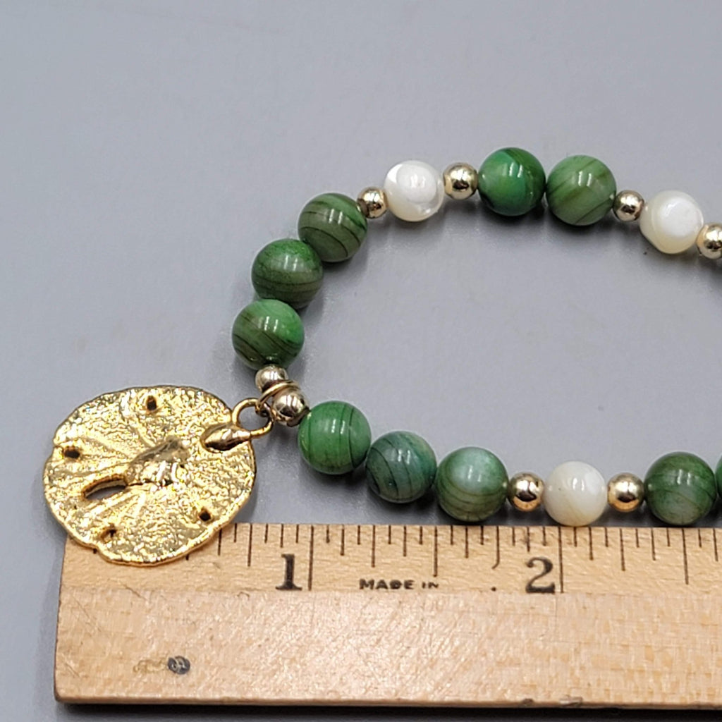 Vintage Sand Dollar Necklace Mother of Pearl Green Stone Beads Gold tone 18"