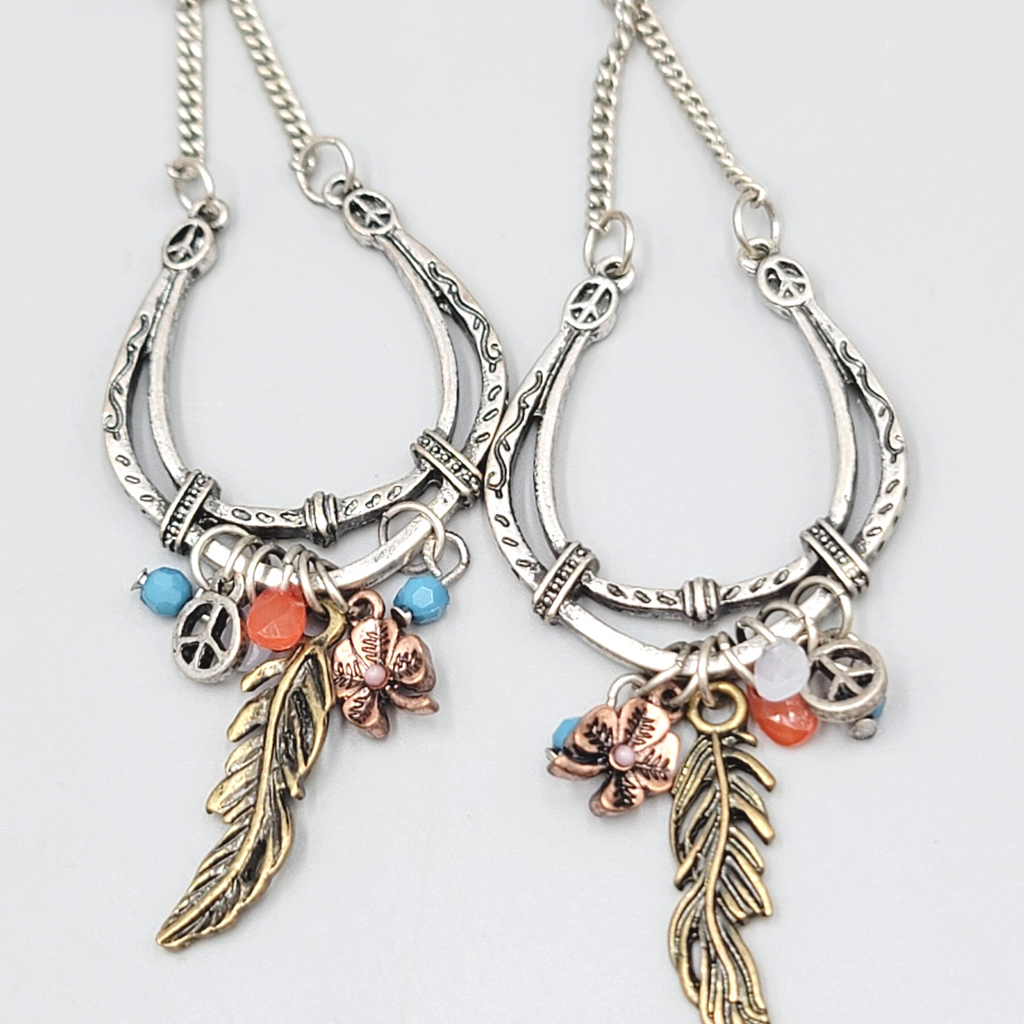 Boho Statement Charm Dangle Pierced Earrings Silver tone 3.5"