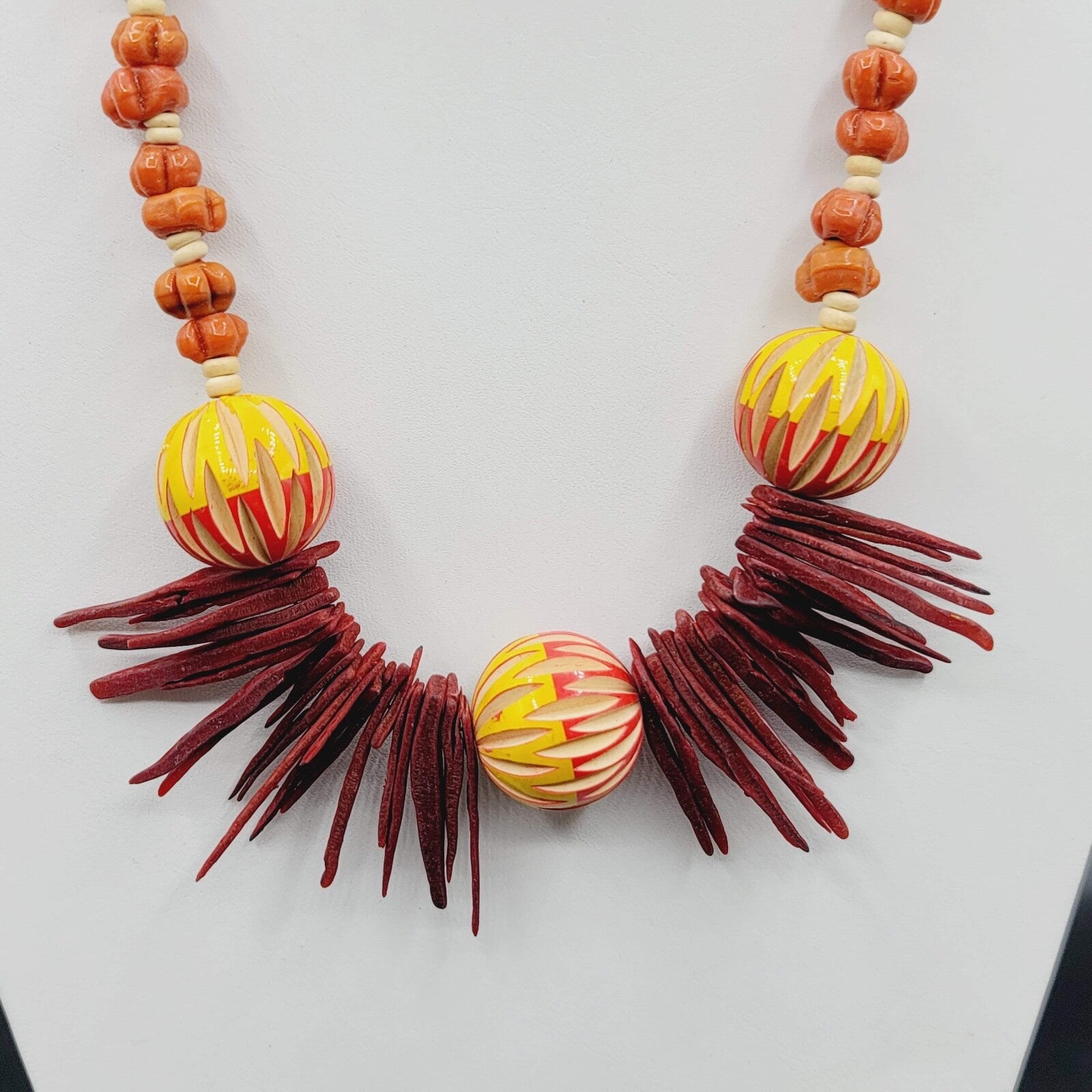 Vintage African Colorful Wooden Carved Beaded Necklace 26" Yellow Orange