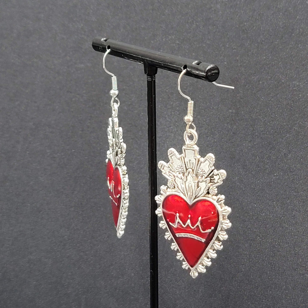 New Crown Heart Pierced Earrings Silver tone Red Goth Rock Dangle 1.75"
