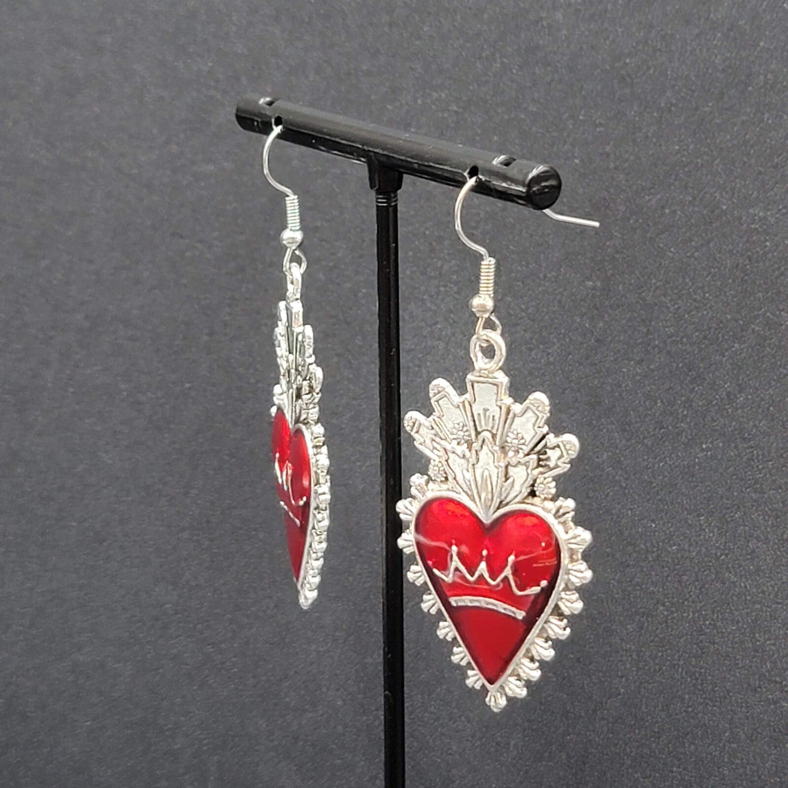 New Crown Heart Pierced Earrings Silver tone Red Goth Rock Dangle 1.75"