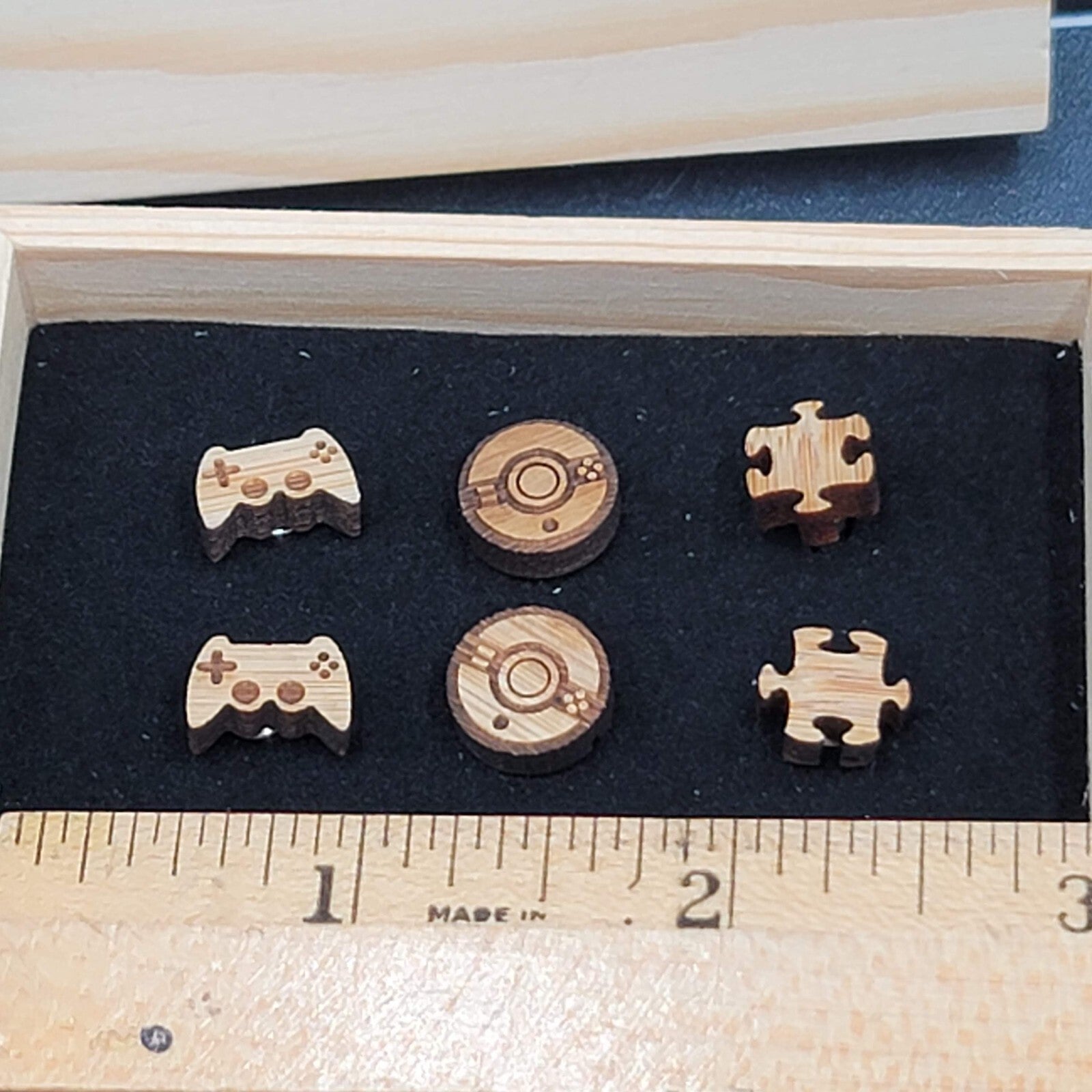 Wood Laser Cut Pierced Earrings Studs Game Controller Poke Ball Puzzle Pieces