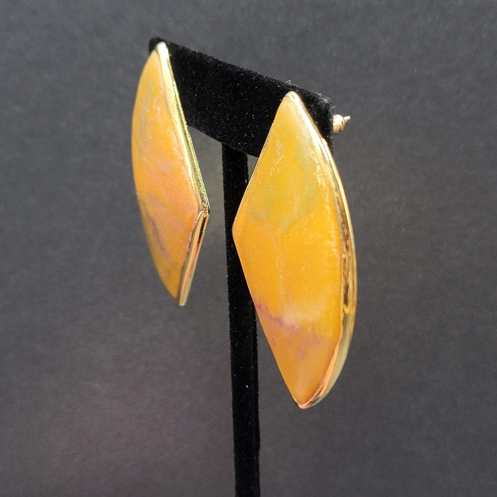 Vintage Pierced Earrings Yellow Enamel Gold tone Large Statement 1980s 2"