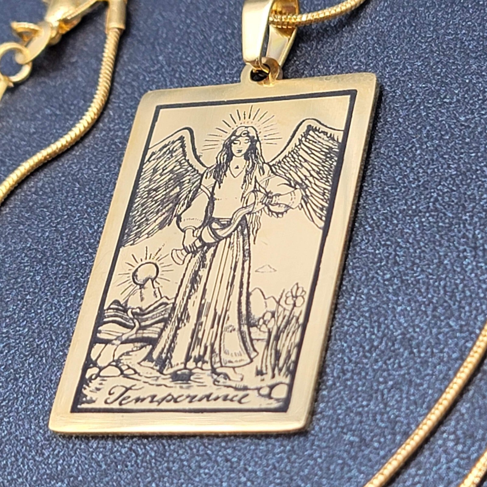 TEMPERANCE Tarot Card Pendant Necklace Major Arcana Gold tone 18”.