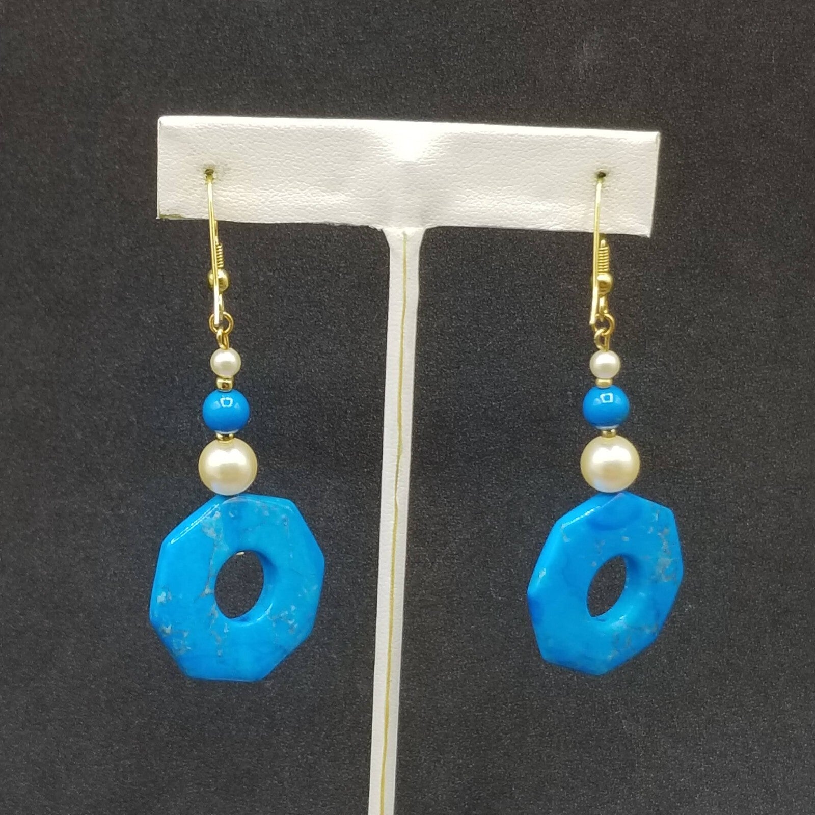 Pierced Earrings Gold tone Howlite Faux Pearl Geometric Statement Dangle 2"