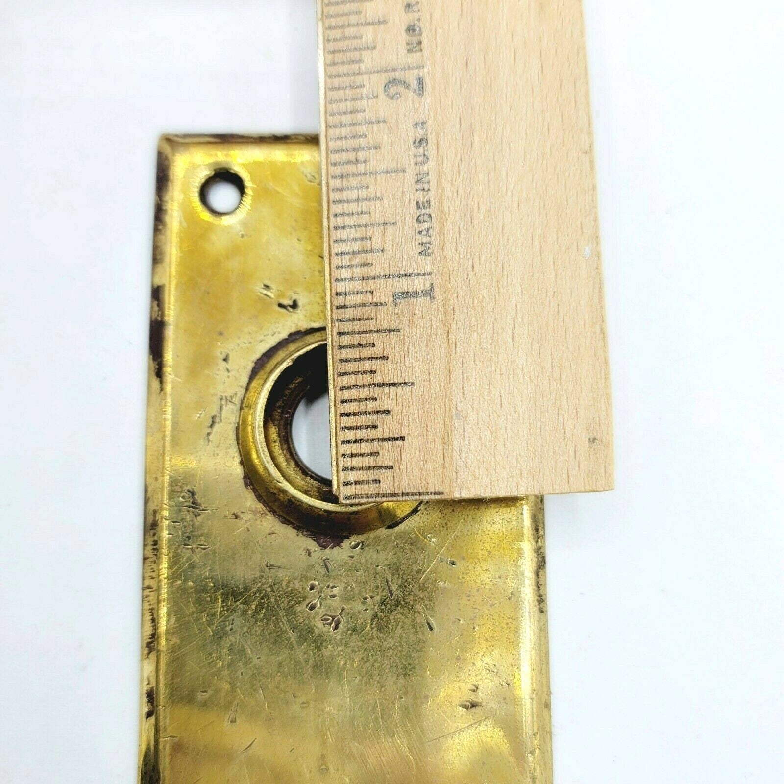 Vintage Brass Doorknob Back Plate Salvage Hardware Thumb Lock Hole 5 5/8" x 2"