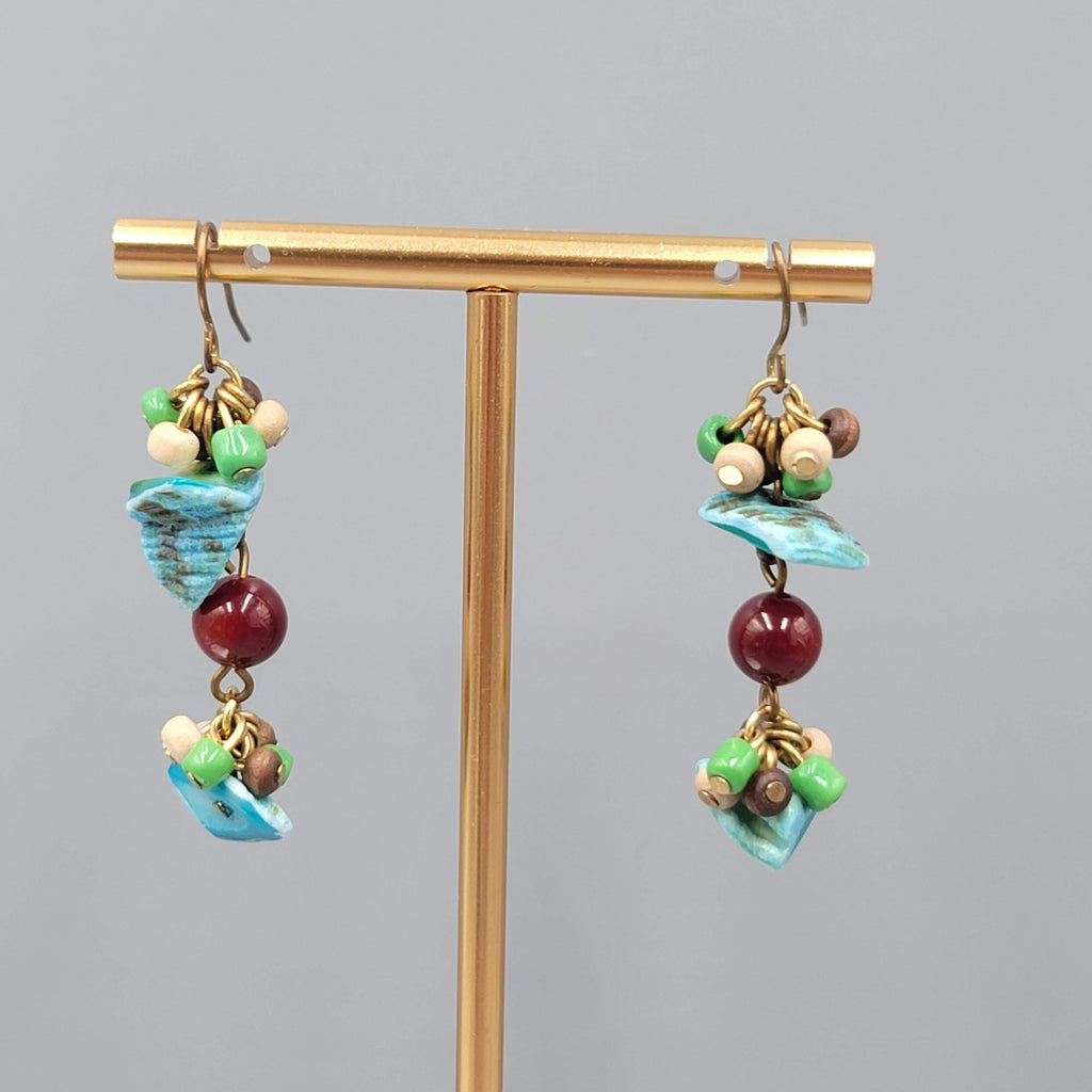 Real Shell Wood Glass Bead Pierced Earrings Silver tone Dangle 1.75"