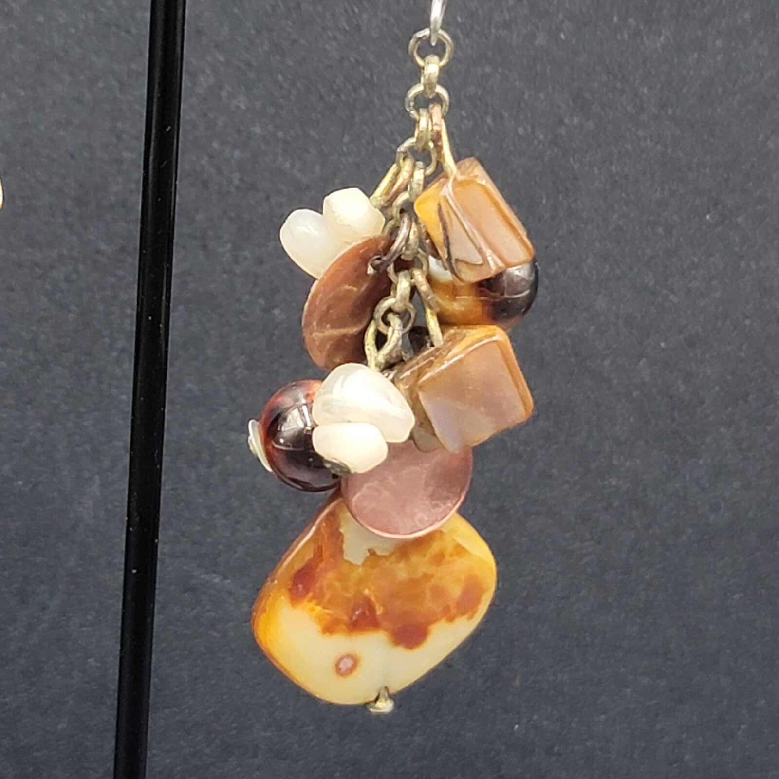 Pierced Earrings Brown Earth Tones Cluster Bead Shells 2.25"