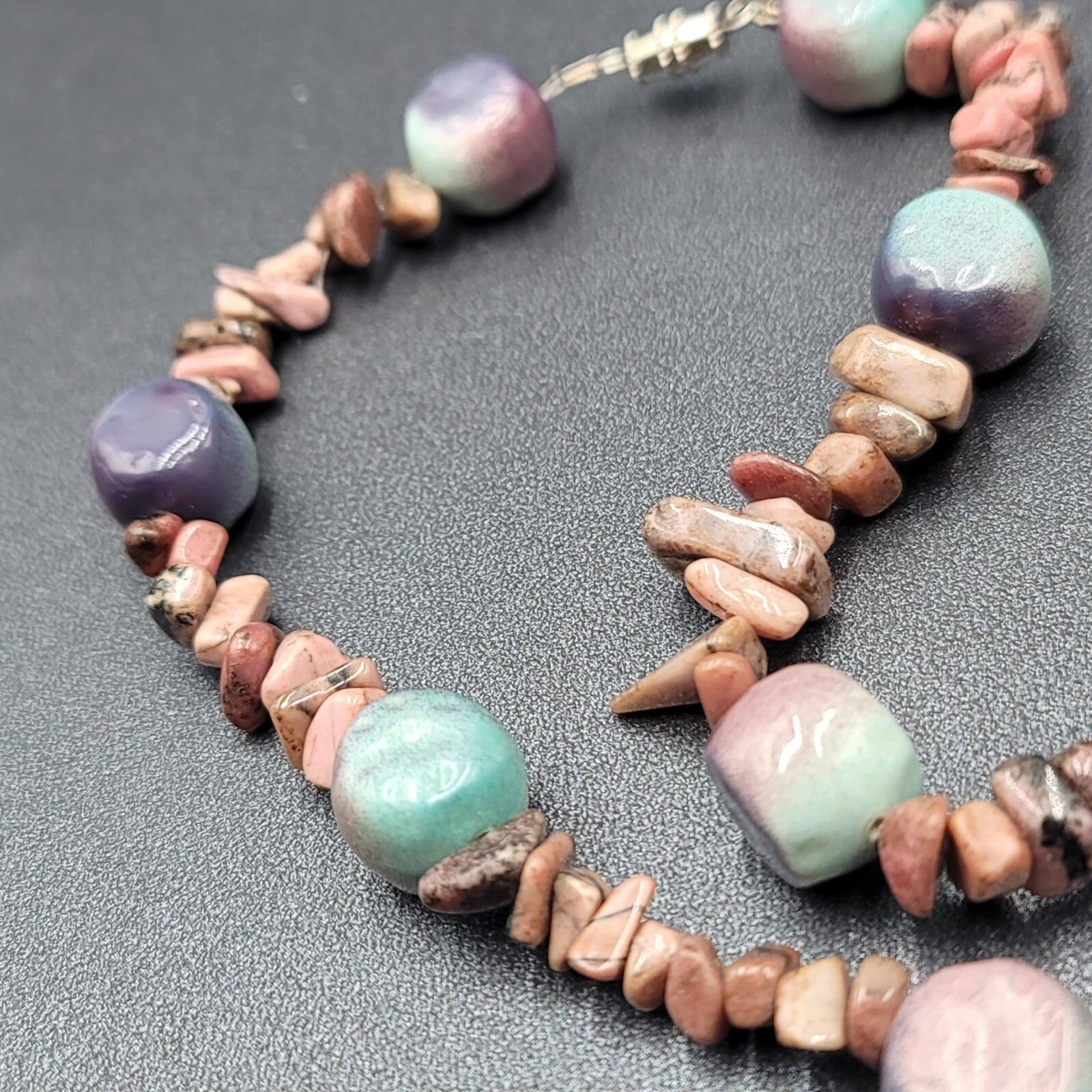 Pink Agate Stone and Pottery Art Bead Necklace 26" Barrel Clasp Artisan