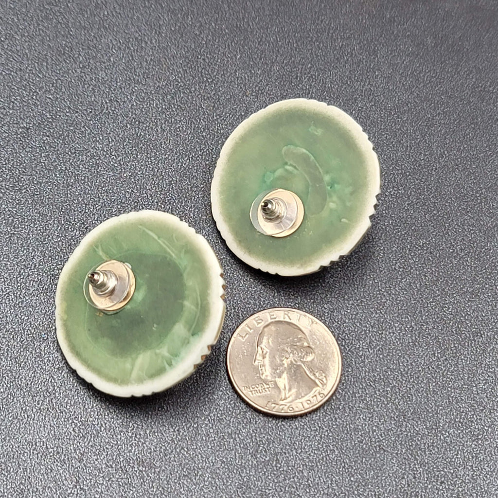 Vintage Pierced Earrings Large Statement Engraved Green Gold White Acrylic  1.5"