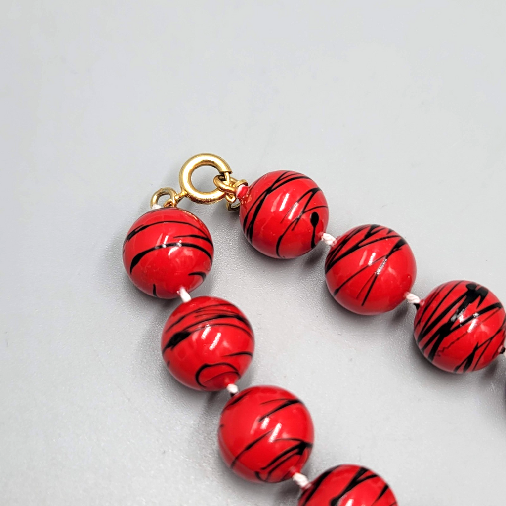 Vintage Red Bead Black Splatter Necklace 28"