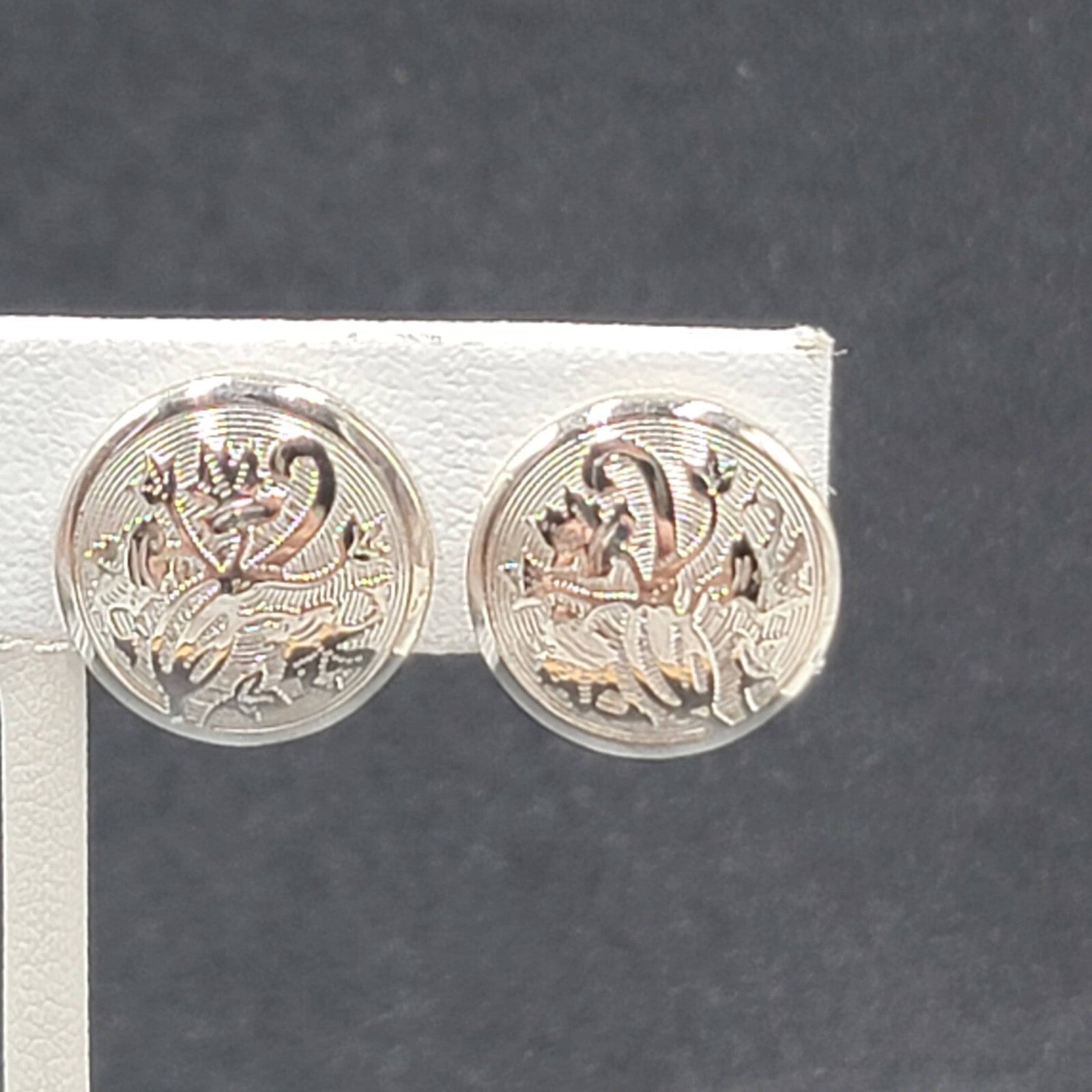 Vintage Clip on Earrings Silver tone Embossed Discs Floral Studs 5/8"
