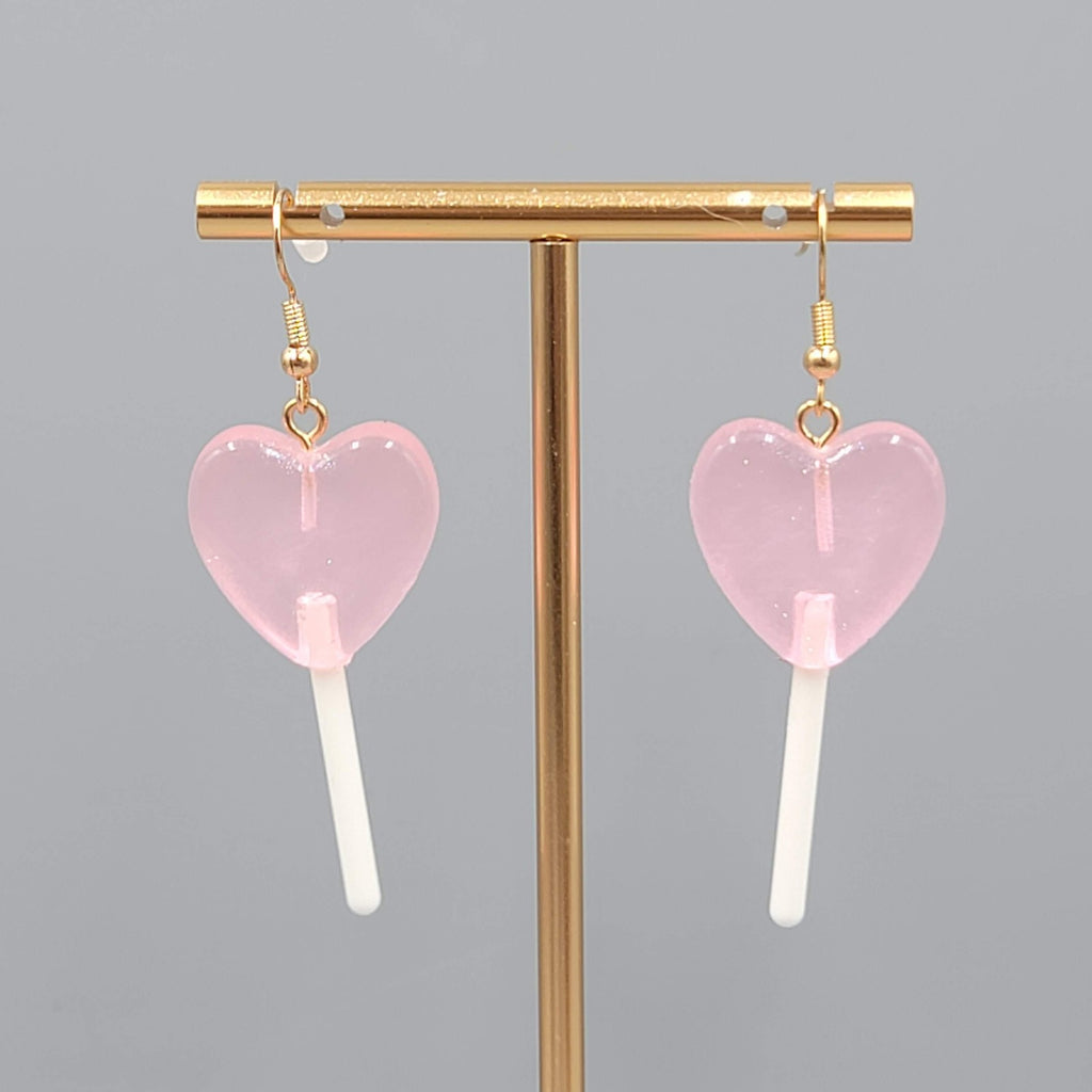 Heart Lollipop Dangle Pierced Earrings Resin Gold Hook Candy 1.75"