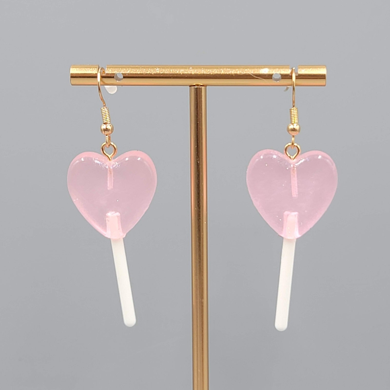 Heart Lollipop Dangle Pierced Earrings Resin Gold Hook Candy 1.75"