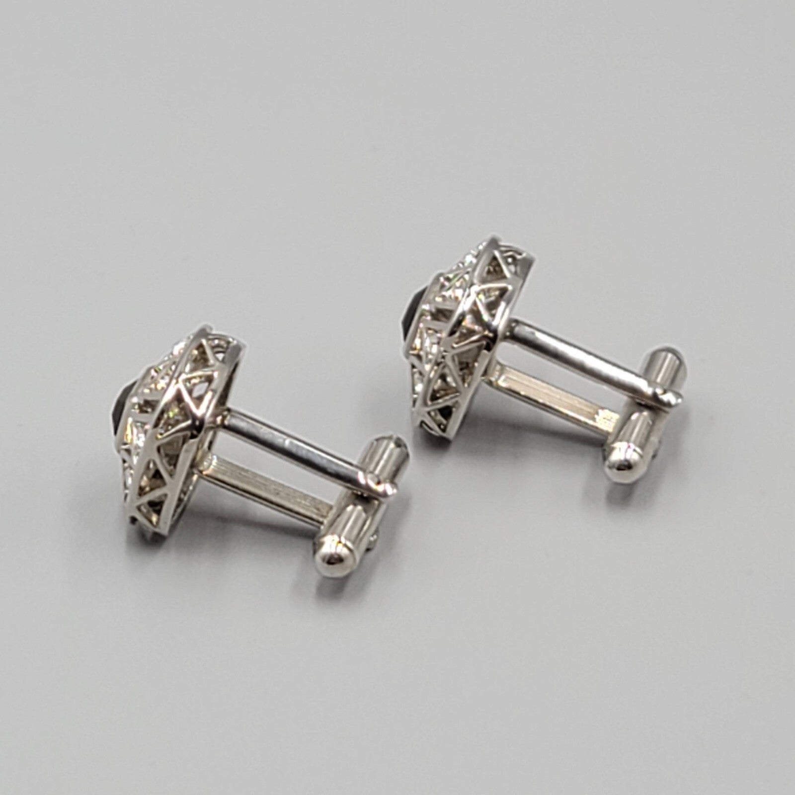 Rhinestone Silver Tone Cufflinks Square Black Center 3/4"