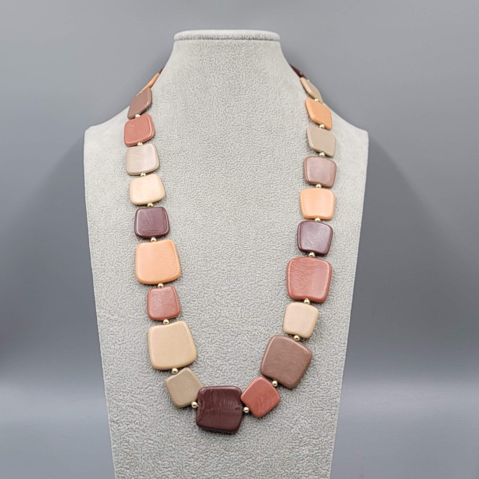 Acrylic Statement Necklace Dangle Browns Fall Autumn Beads Gold tone 24"