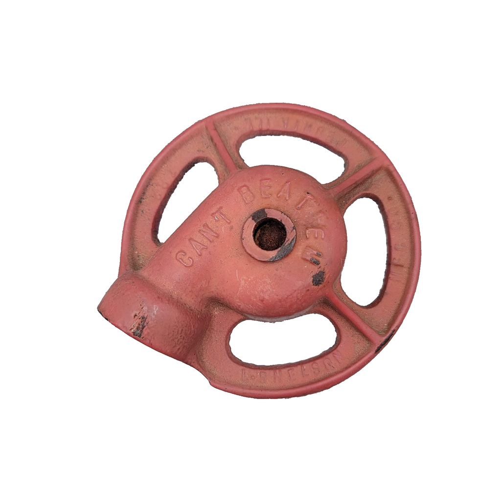 LR Nelson  Cast Iron Lawn Sprinkler Head Red Can't Beat 'Em Peoria IL Garden