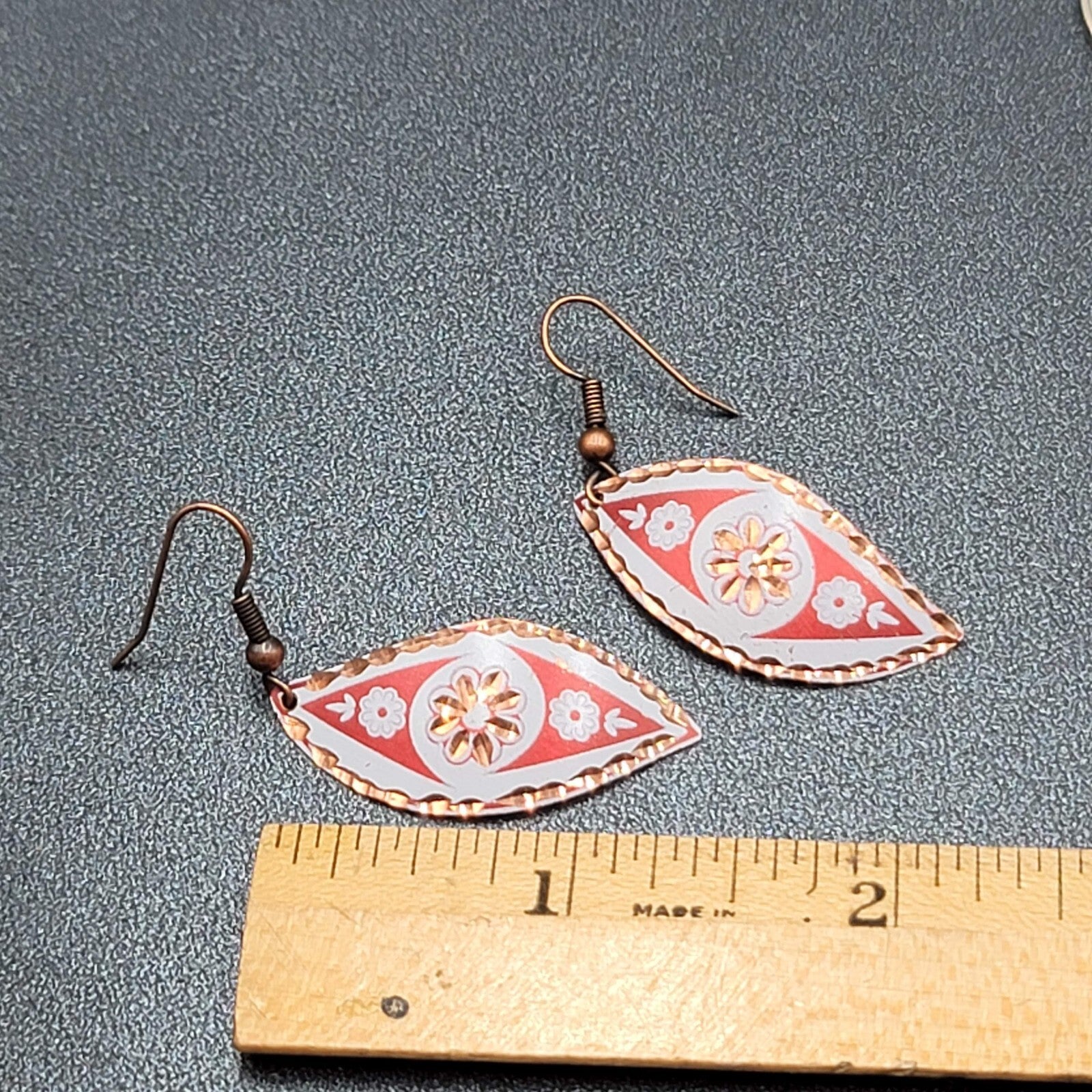 Pierced Earrings Copper Laser Cut Red White Design Dangle 1.5"