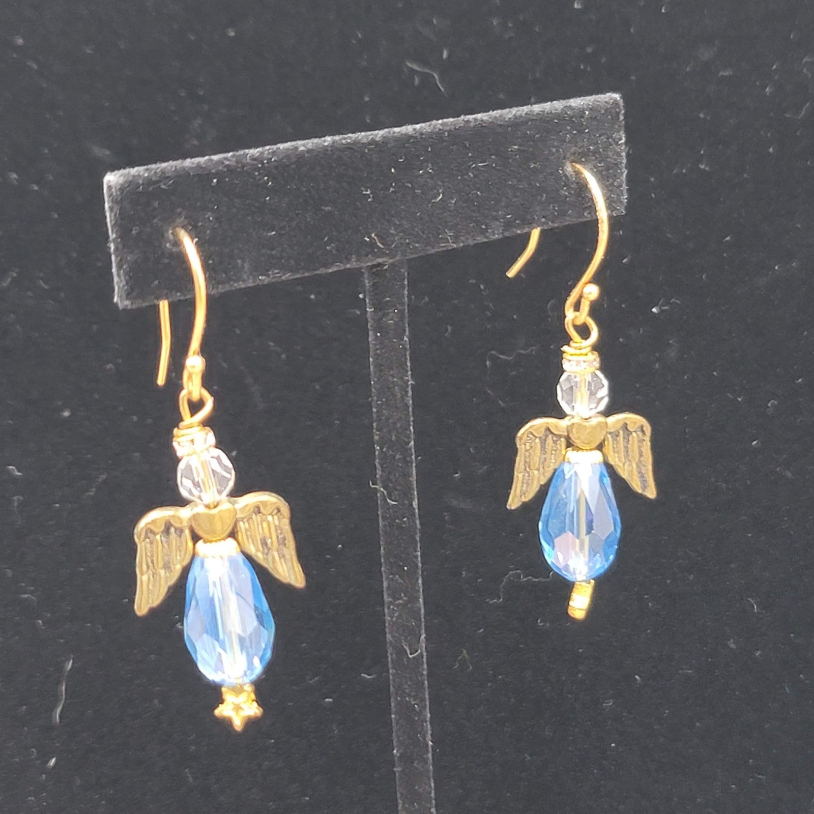 Angel Pierced Earrings Gold Tone Blue Glass Beads Dangle Hook 1.5"
